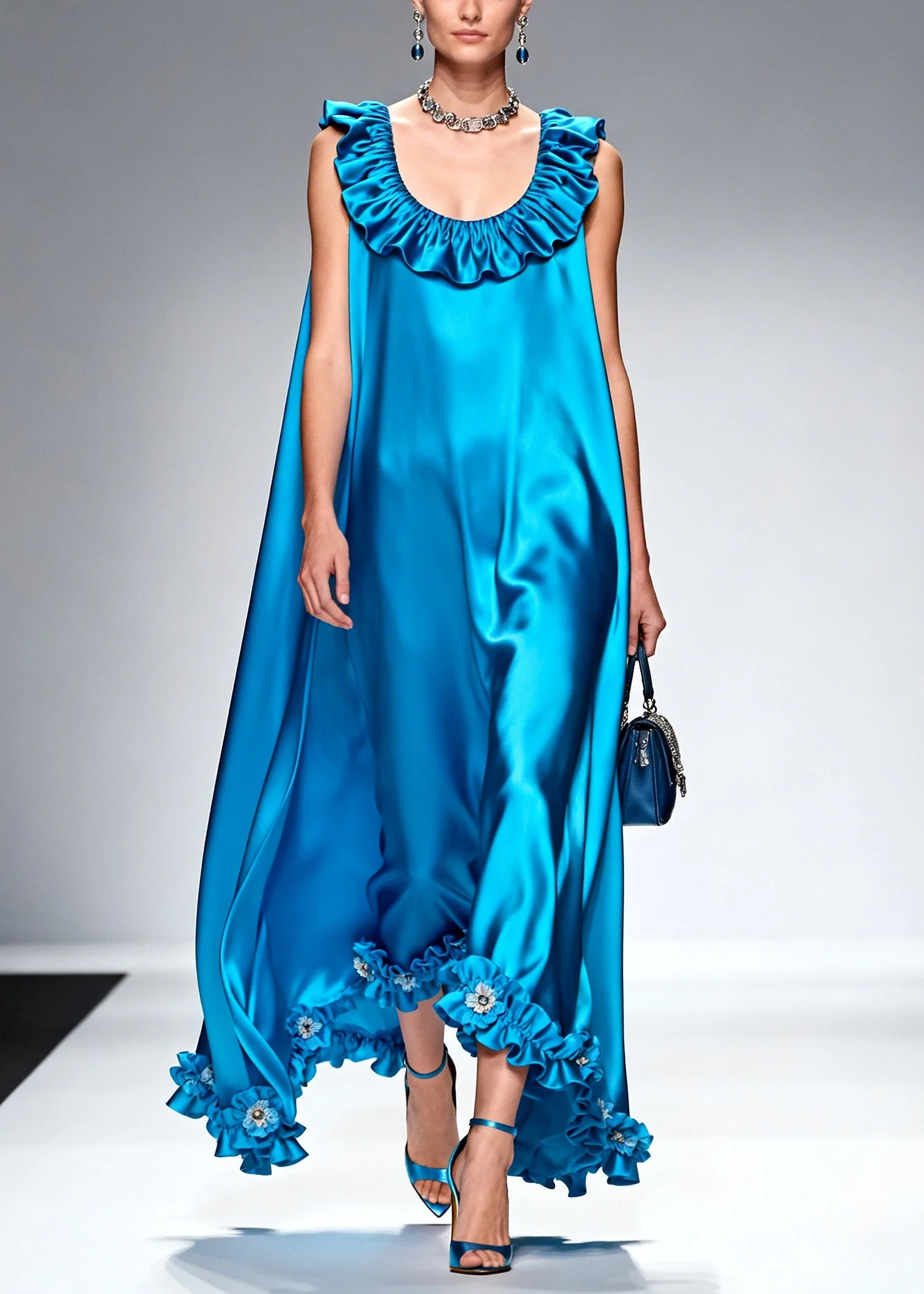 Style Blue Ruffled Floral Silk Robe Dresses Sleeveless - Image 3