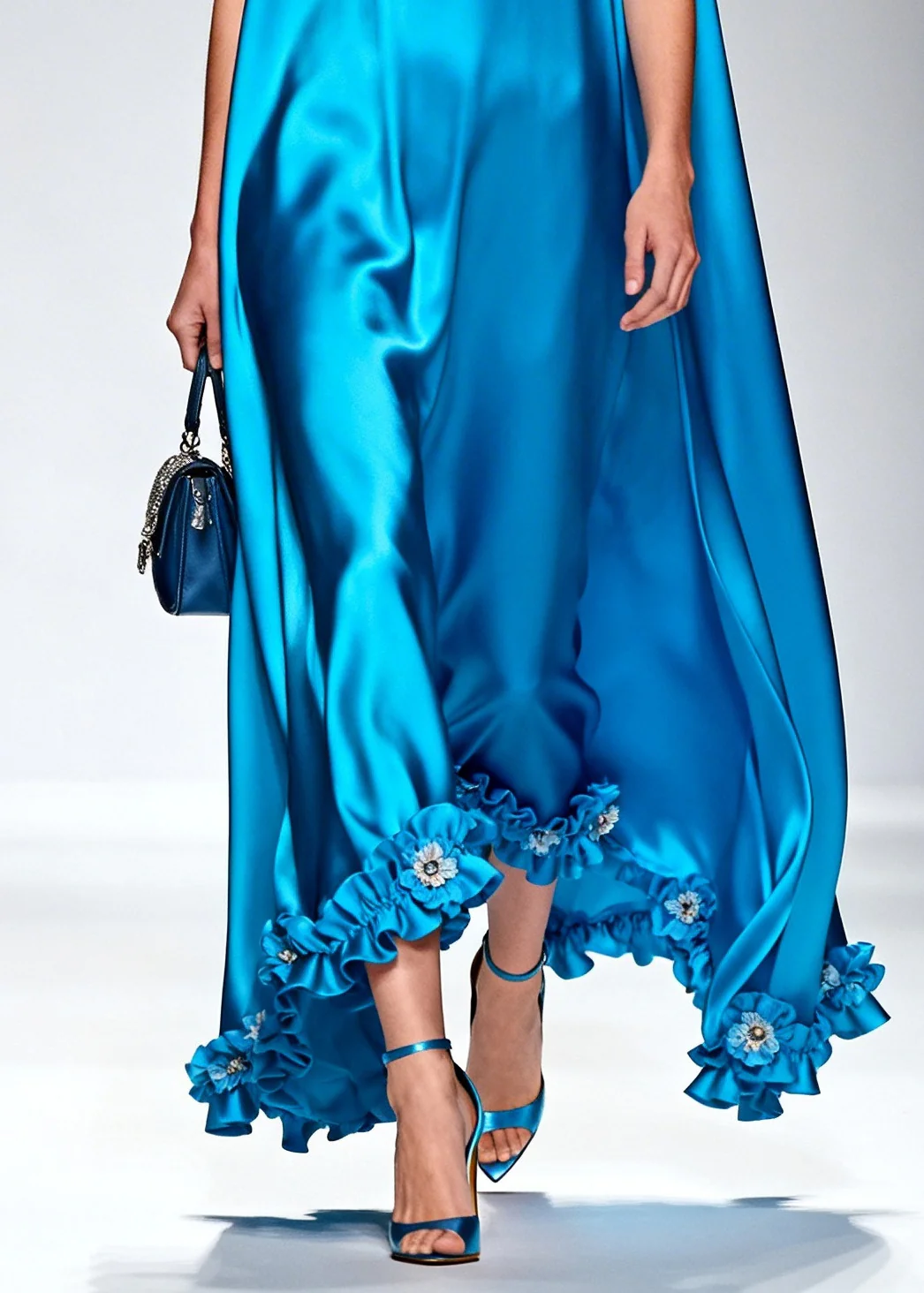 Style Blue Ruffled Floral Silk Robe Dresses Sleeveless - Image 4