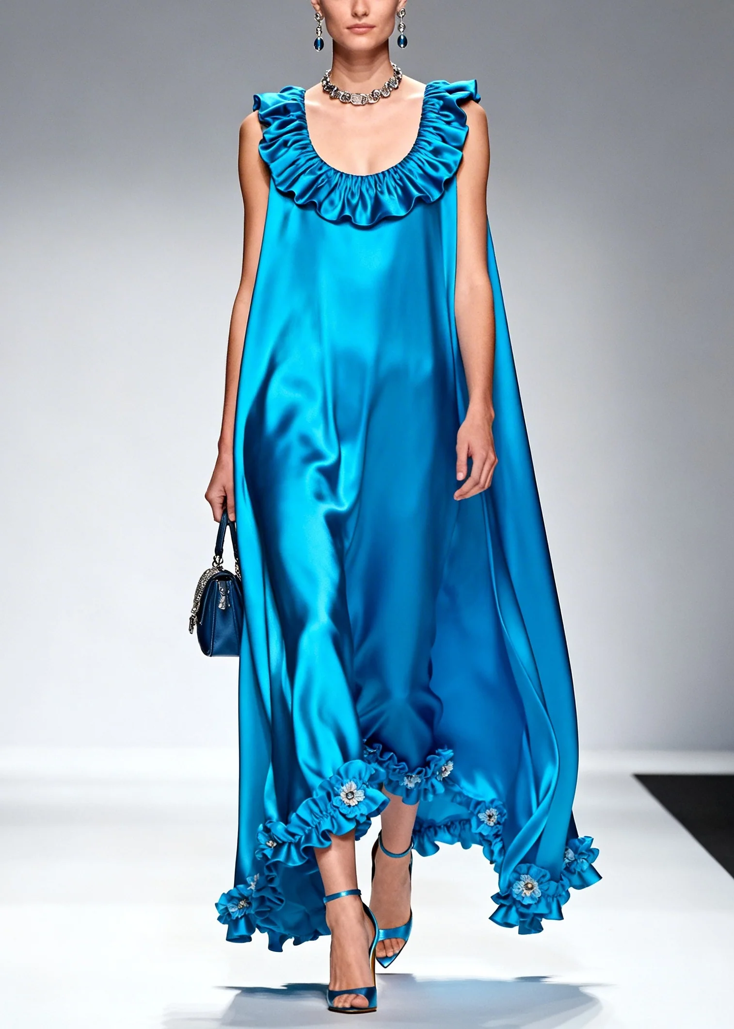 Style Blue Ruffled Floral Silk Robe Dresses Sleeveless - Image 5
