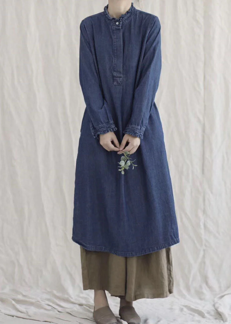 Style Blue Ruffled Pockets denim Ankle Dress Spring - Image 2