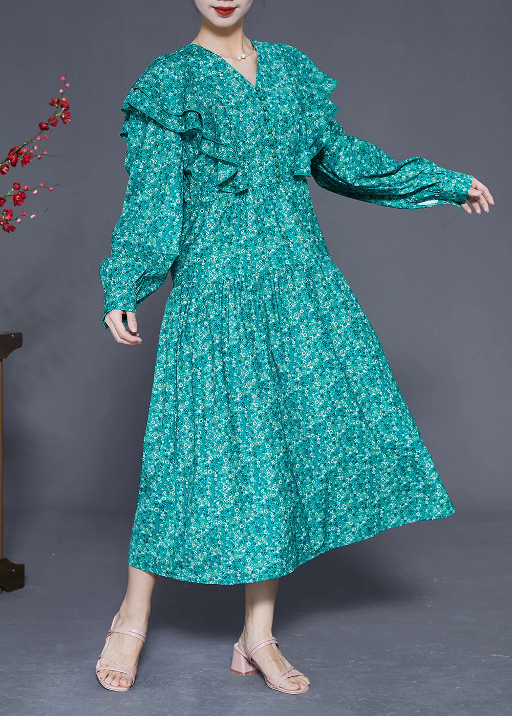 Style Blue Ruffles Patchwork Exra Large Hem Long Dress Spring - Image 2