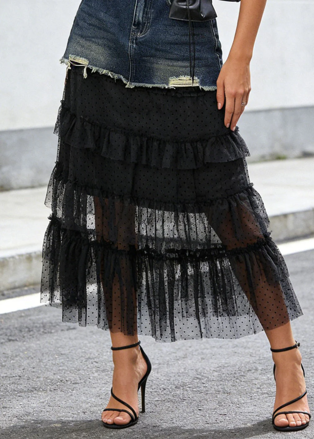 Style Blue Tulle Ruffled Patchwork Denim Skirt Summer - Image 4