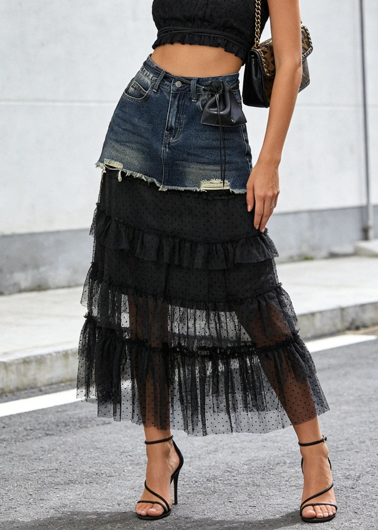 Style Blue Tulle Ruffled Patchwork Denim Skirt Summer - Image 5