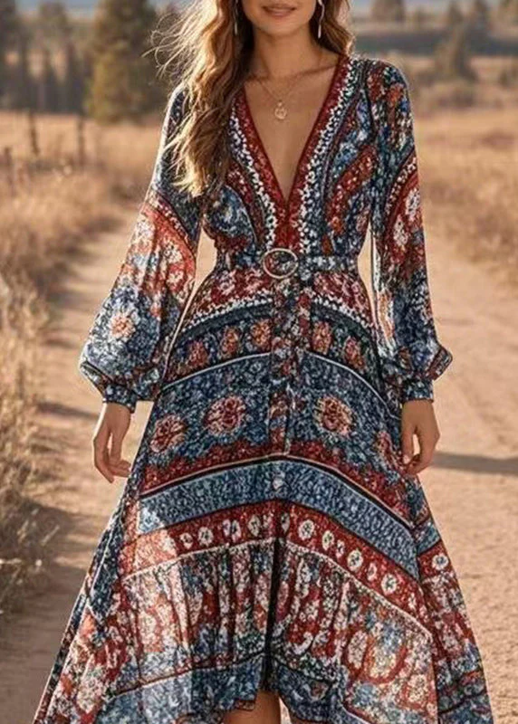 Style Blue V Neck Low High Design Chiffon Long Dress Lantern Sleeve - Image 2