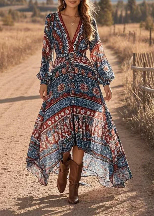 Style Blue V Neck Low High Design Chiffon Long Dress Lantern Sleeve - Image 3