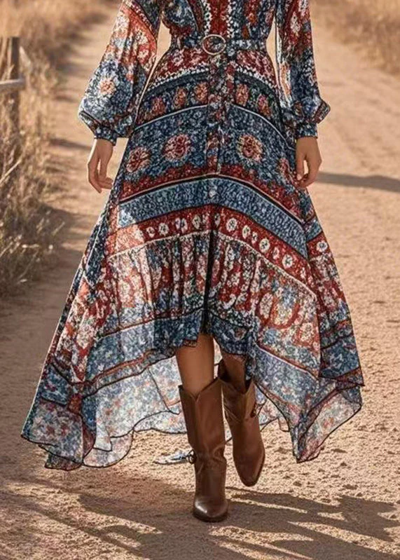 Style Blue V Neck Low High Design Chiffon Long Dress Lantern Sleeve - Image 4