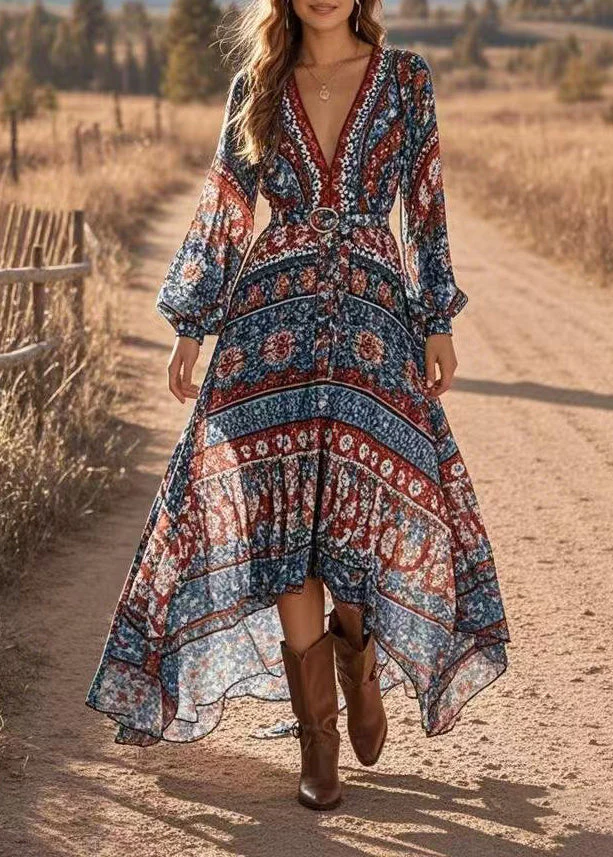 Style Blue V Neck Low High Design Chiffon Long Dress Lantern Sleeve - Image 5