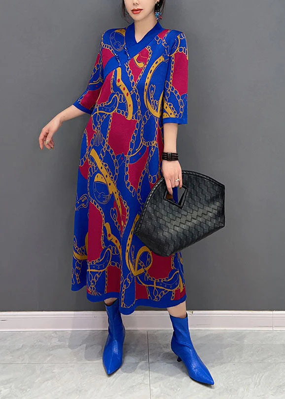 Style Blue V Neck Oriental Button Print Long Dress Half Sleeve - Image 2