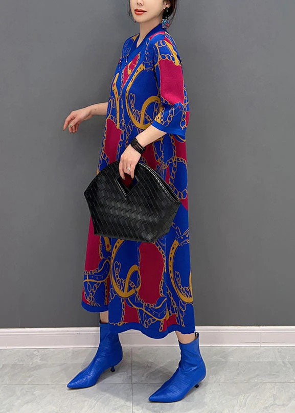 Style Blue V Neck Oriental Button Print Long Dress Half Sleeve - Image 3
