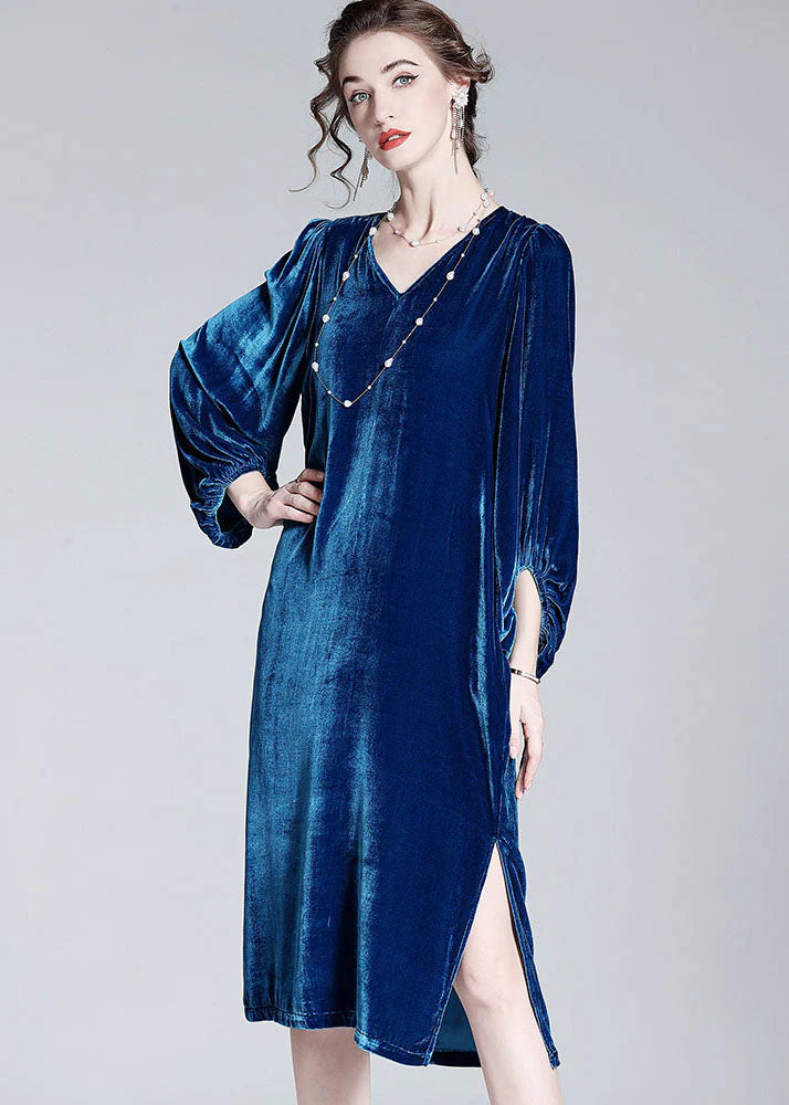 Style Blue V Neck Patchwork Wrinkled Silk Velour Dresses Spring - Image 2