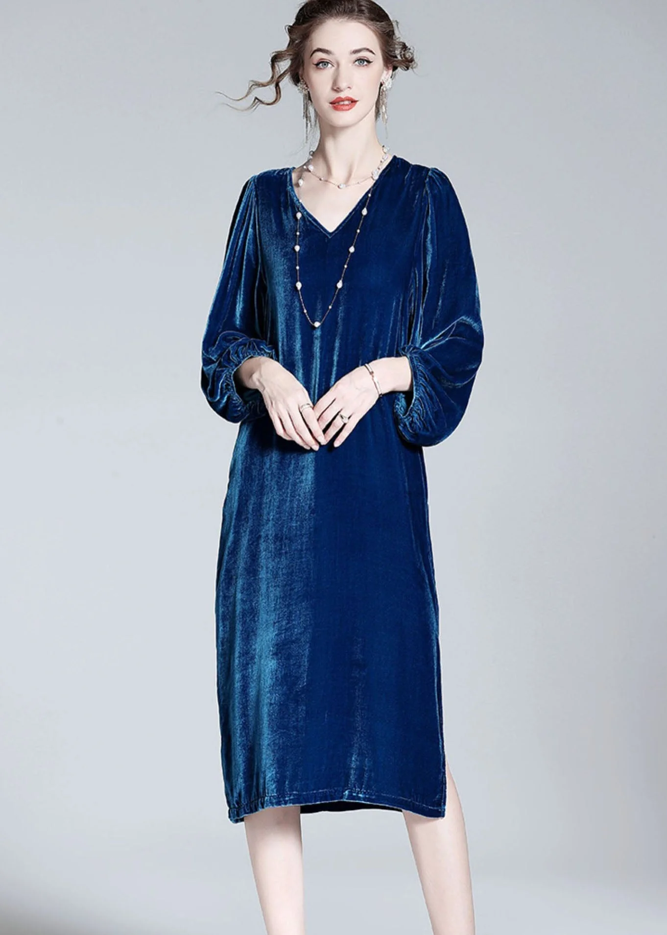Style Blue V Neck Patchwork Wrinkled Silk Velour Dresses Spring - Image 3