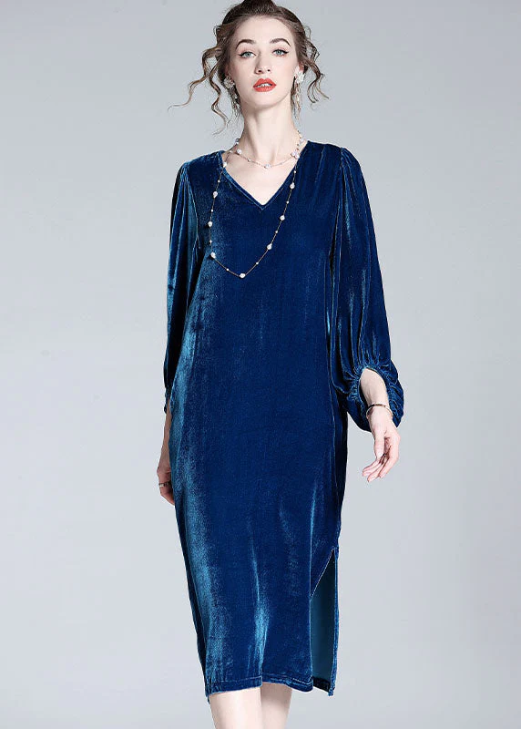 Style Blue V Neck Patchwork Wrinkled Silk Velour Dresses Spring - Image 4