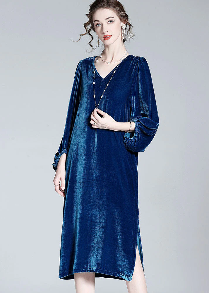 Style Blue V Neck Patchwork Wrinkled Silk Velour Dresses Spring - Image 5