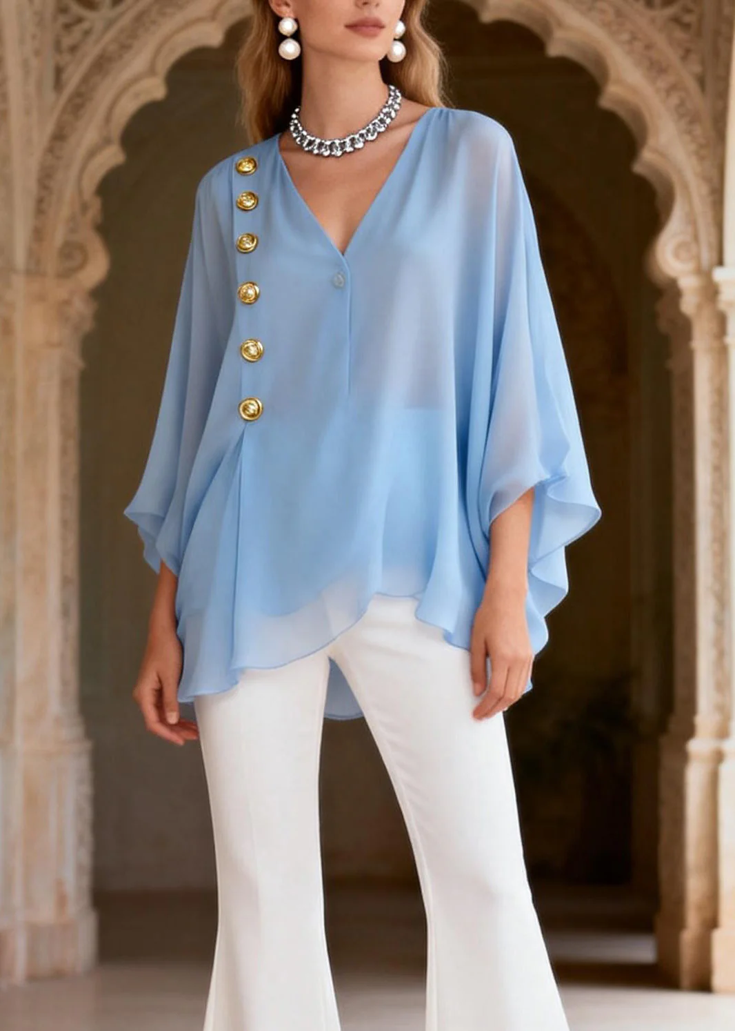 Style Blue V Neck Top And White Pants Silk Women Sets 2 Pieces Summer - Image 2