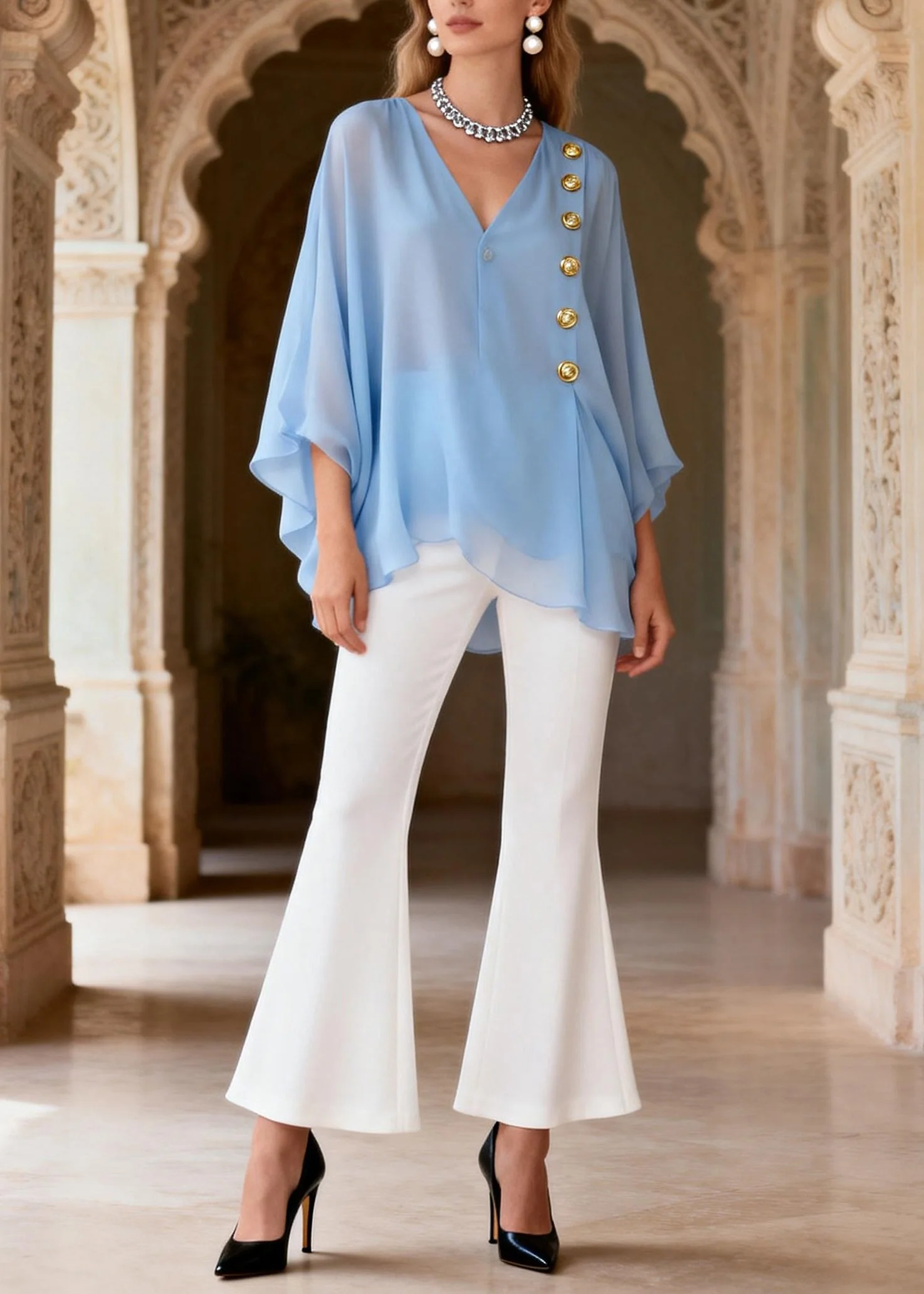 Style Blue V Neck Top And White Pants Silk Women Sets 2 Pieces Summer - Image 3
