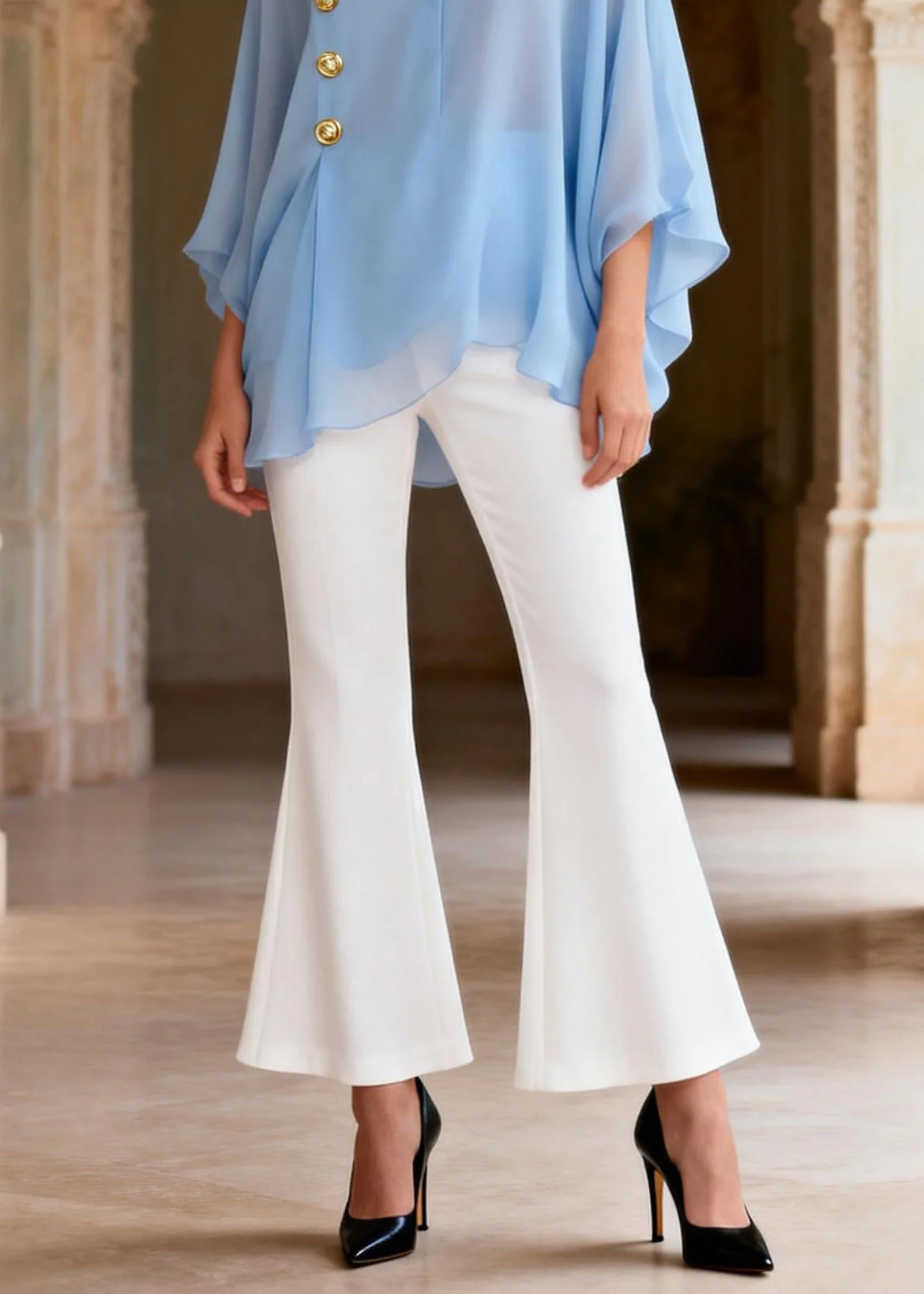 Style Blue V Neck Top And White Pants Silk Women Sets 2 Pieces Summer - Image 4