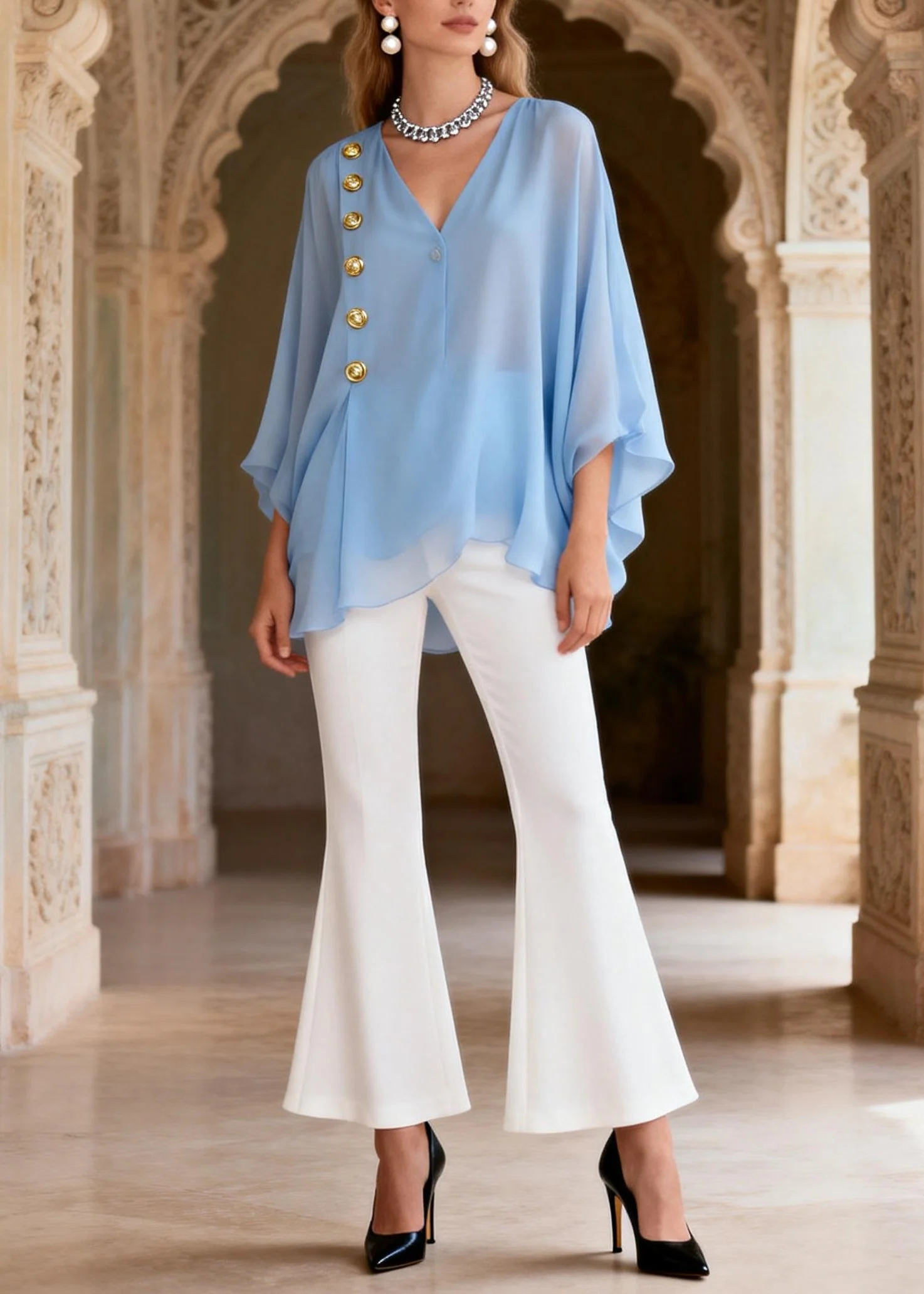 Style Blue V Neck Top And White Pants Silk Women Sets 2 Pieces Summer - Image 5