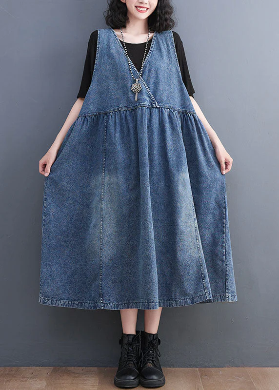 Style Blue V Neck Wrinkled Patchwork Denim Long Dress Fall - Image 2