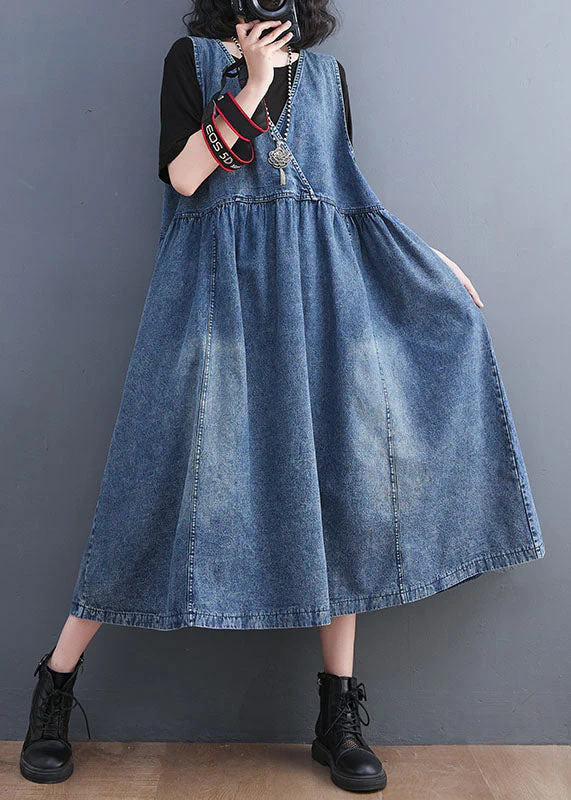 Style Blue V Neck Wrinkled Patchwork Denim Long Dress Fall - Image 3
