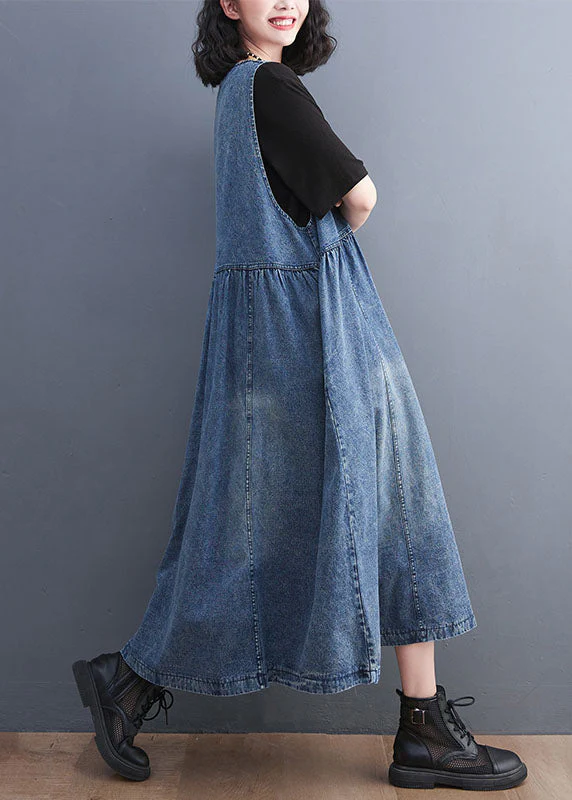 Style Blue V Neck Wrinkled Patchwork Denim Long Dress Fall - Image 4