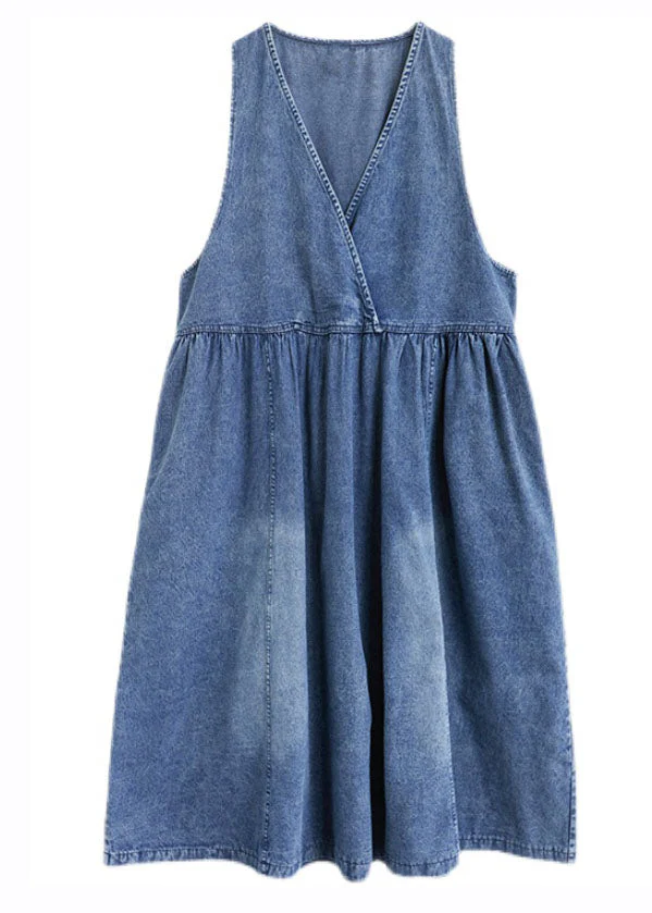 Style Blue V Neck Wrinkled Patchwork Denim Long Dress Fall - Image 5