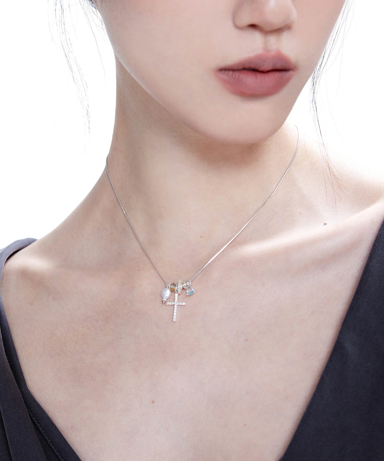 Style Blue Zircon Cross Pearl Adjustable Silver Pendant Necklace - Image 4