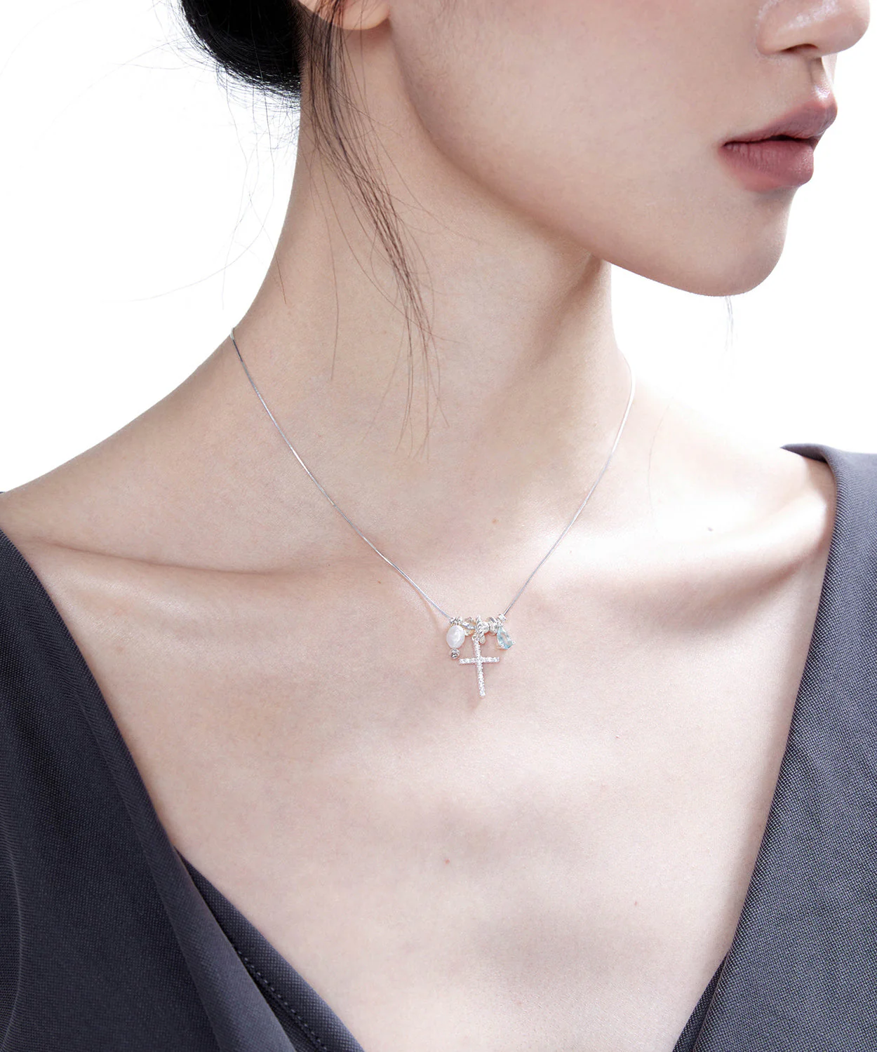 Style Blue Zircon Cross Pearl Adjustable Silver Pendant Necklace - Image 5