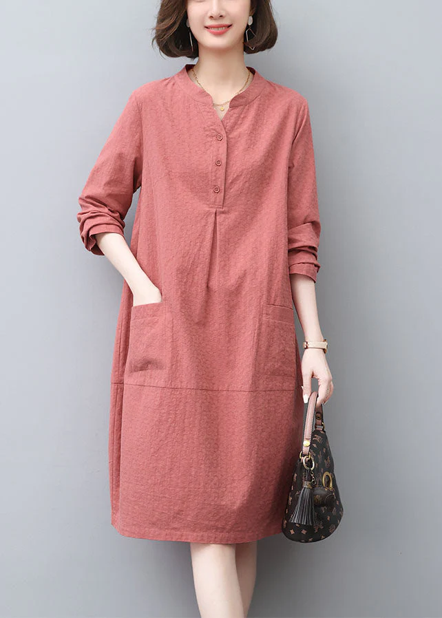 Style Brick Red Pockets Cotton Tea Dress Spring - Image 3