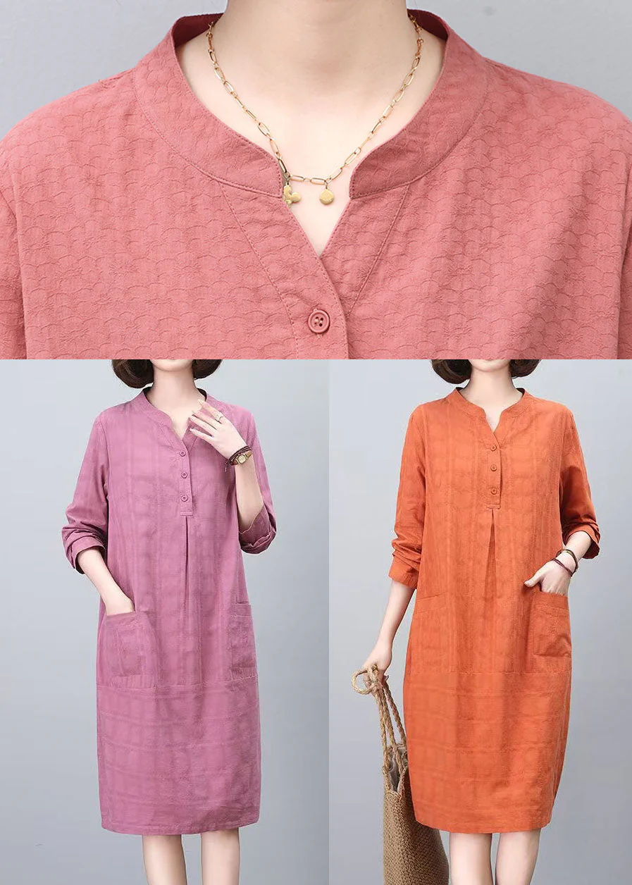 Style Brick Red Pockets Cotton Tea Dress Spring - Image 5