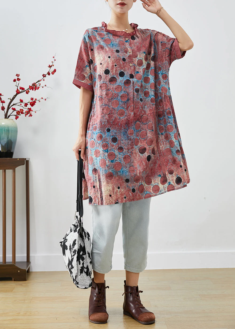 Style Brick Red Ruffled Print Linen Dresses Summer - Image 2