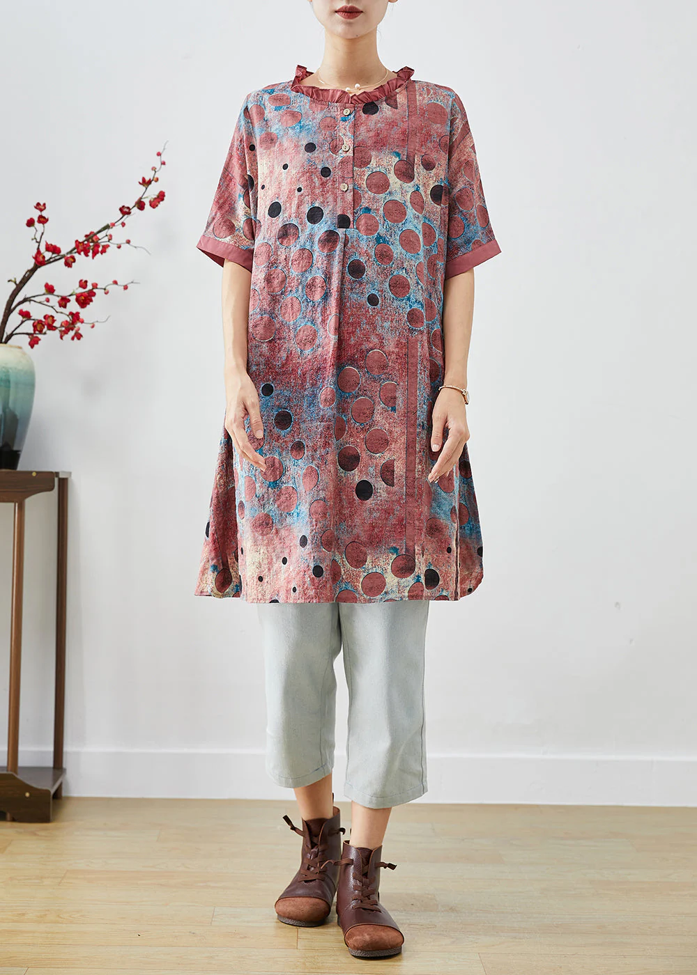 Style Brick Red Ruffled Print Linen Dresses Summer - Image 3