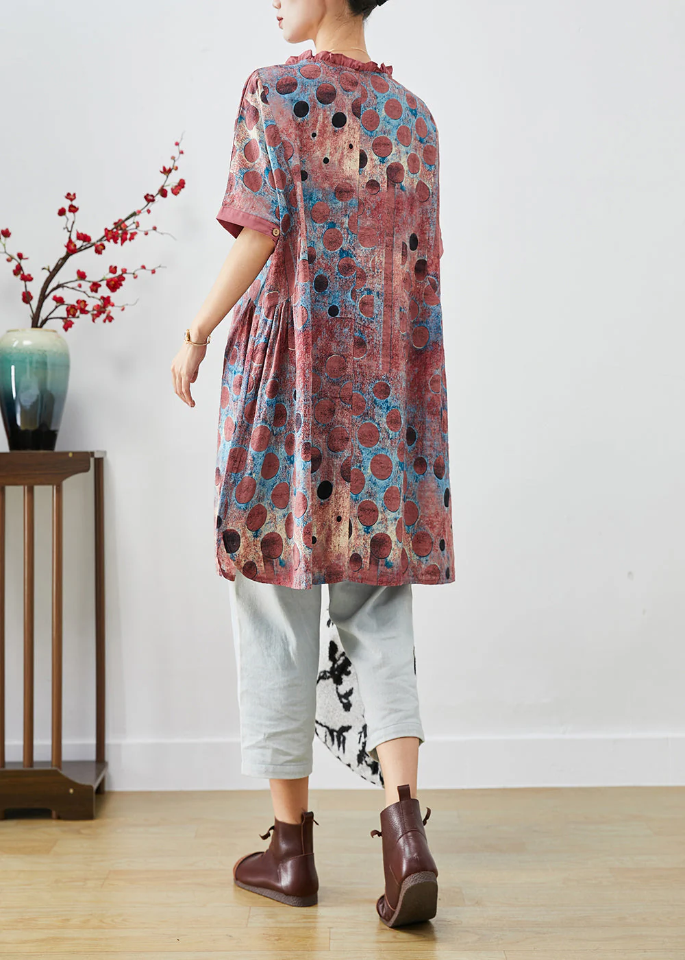 Style Brick Red Ruffled Print Linen Dresses Summer - Image 4