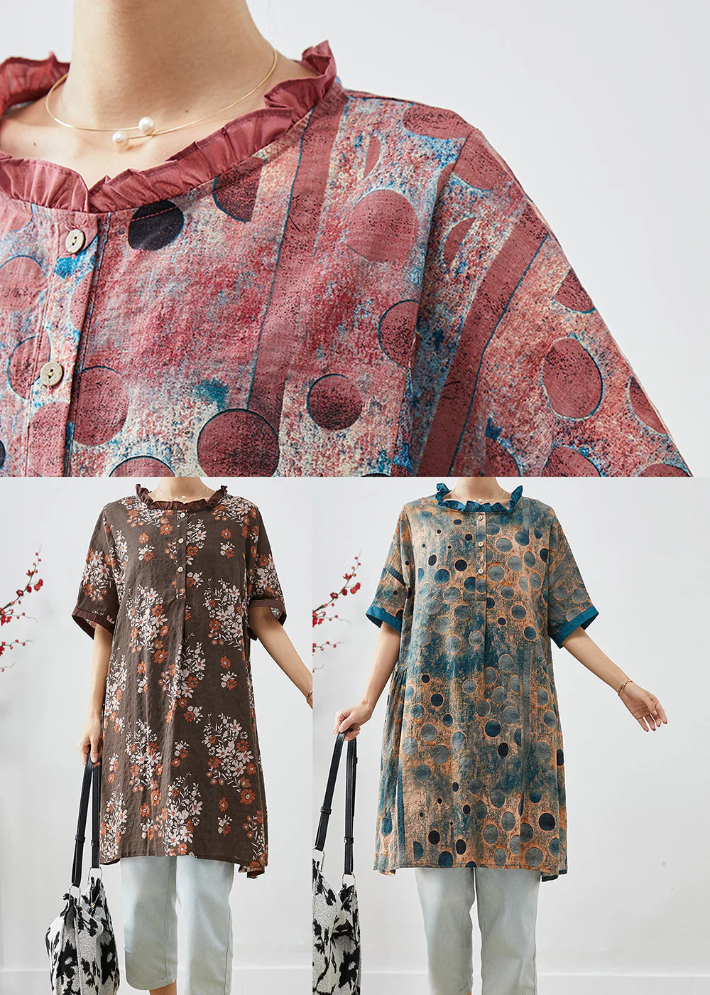 Style Brick Red Ruffled Print Linen Dresses Summer - Image 5