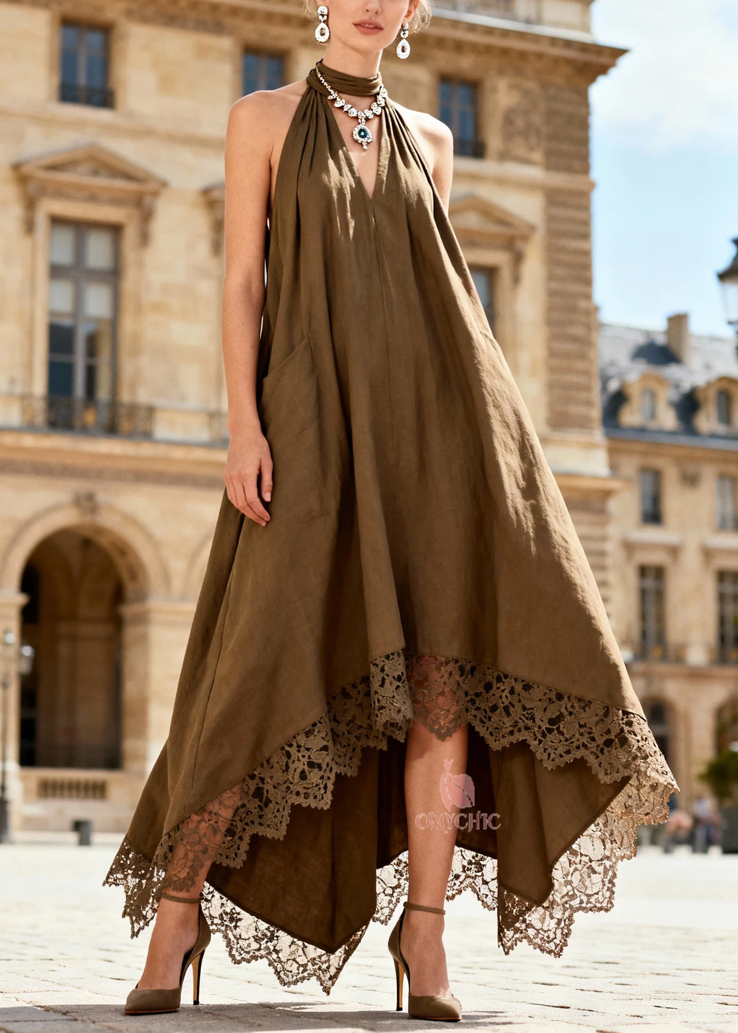 Style Brown Cold Shoulder Low High Design Long Dresses Summer - Image 5