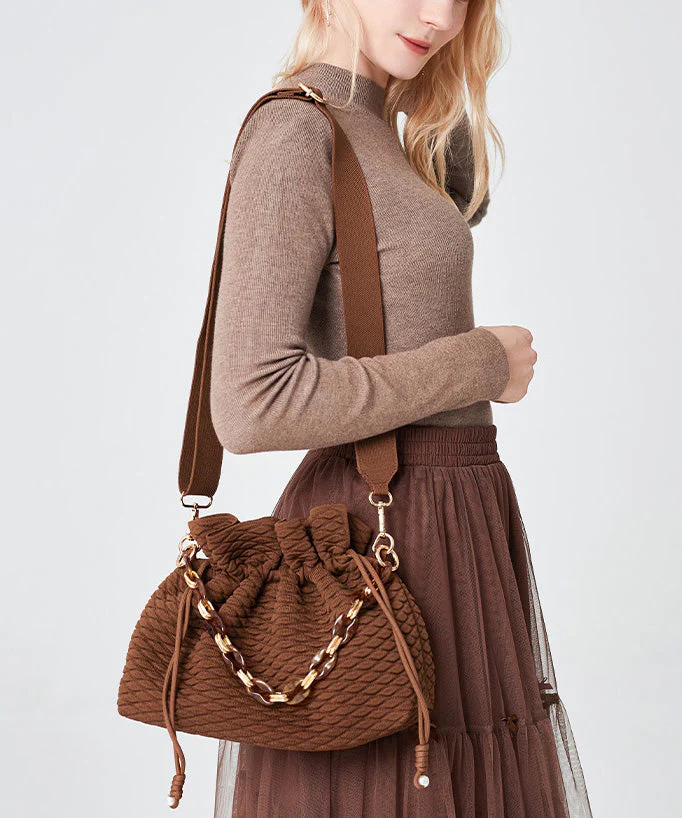 Style Brown Large Capacity Drawstring Cotton Pouch Handbag - Image 3