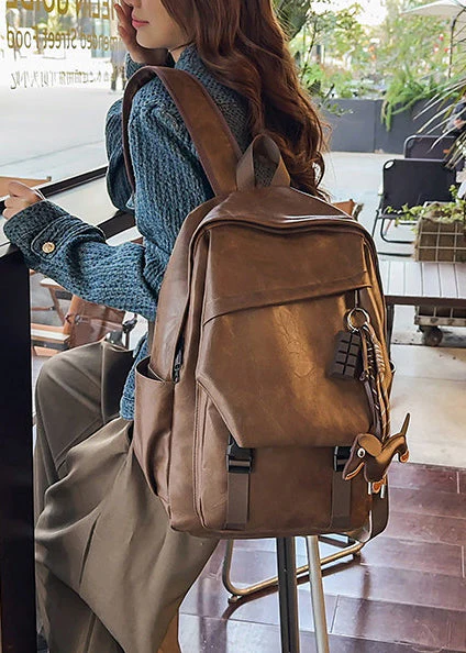 Style Brown Large Capacity Solid Durable Faux Leather Backpack Bag - Image 2