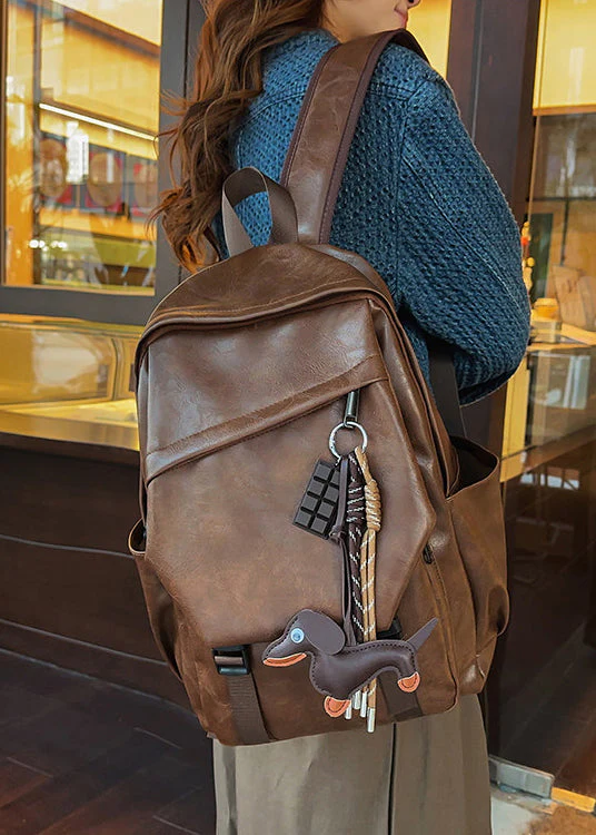 Style Brown Large Capacity Solid Durable Faux Leather Backpack Bag - Image 4