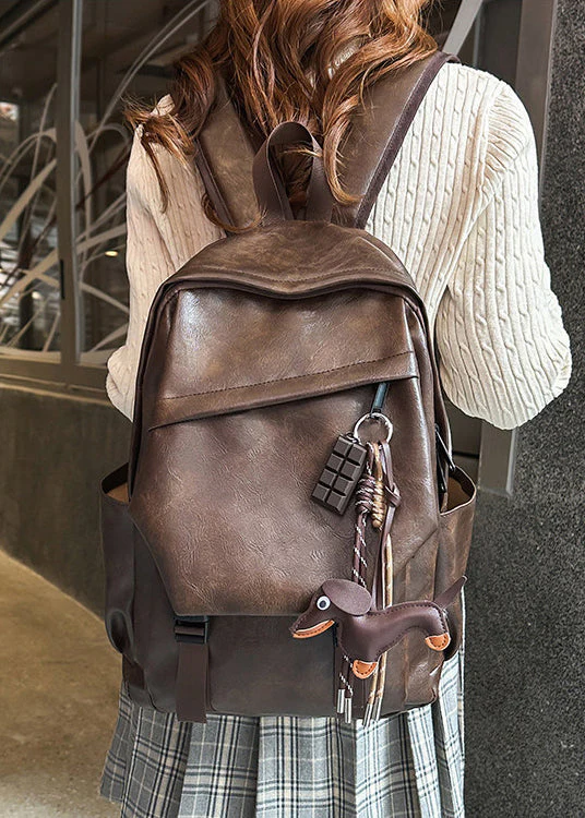 Style Brown Large Capacity Solid Durable Faux Leather Backpack Bag - Image 5