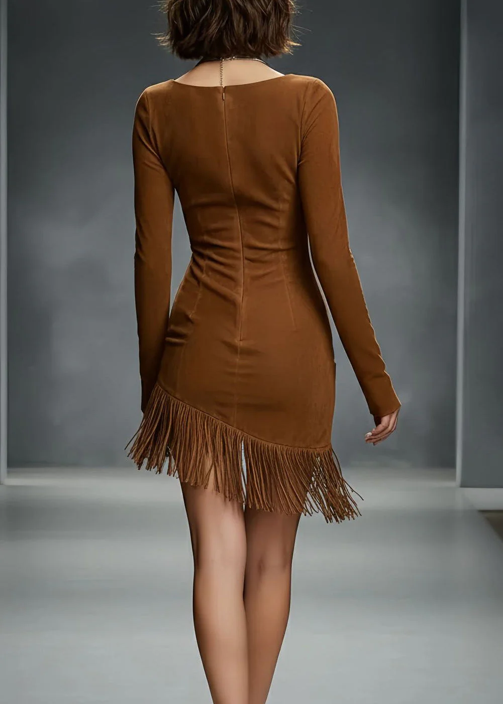 Style Brown O-Neck Tassel Faux Suede Mid Dresses Spring - Image 3