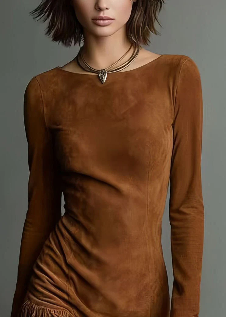 Style Brown O-Neck Tassel Faux Suede Mid Dresses Spring - Image 4