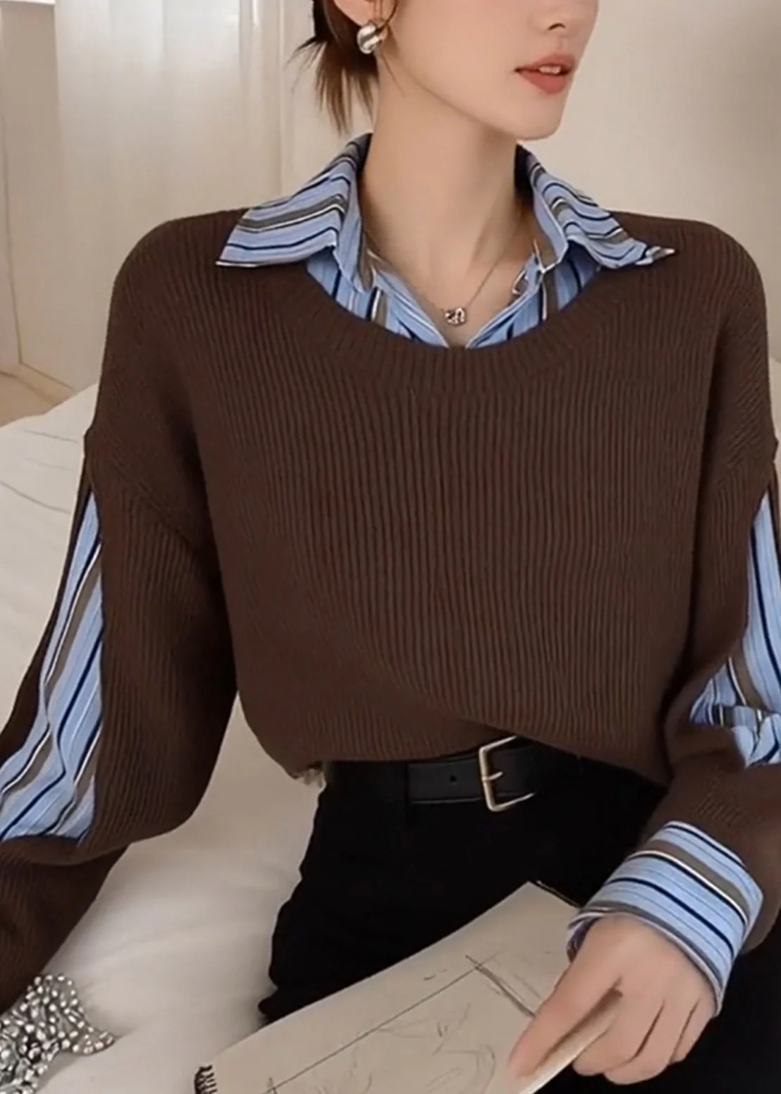 Style Brown Peter Pan Collar Patchwork Knit Fake Two Piece Shirts Winter - Image 2