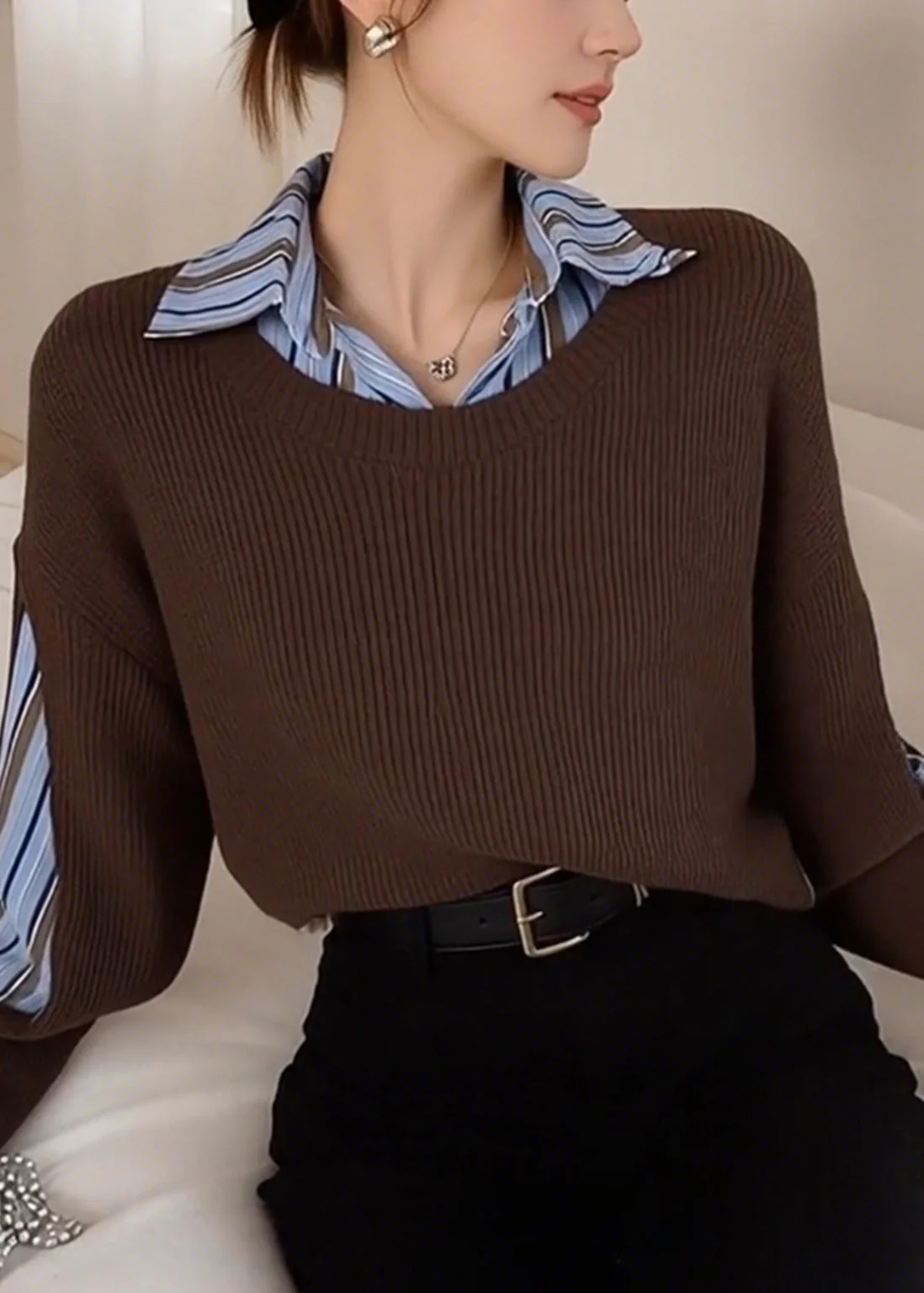 Style Brown Peter Pan Collar Patchwork Knit Fake Two Piece Shirts Winter - Image 3