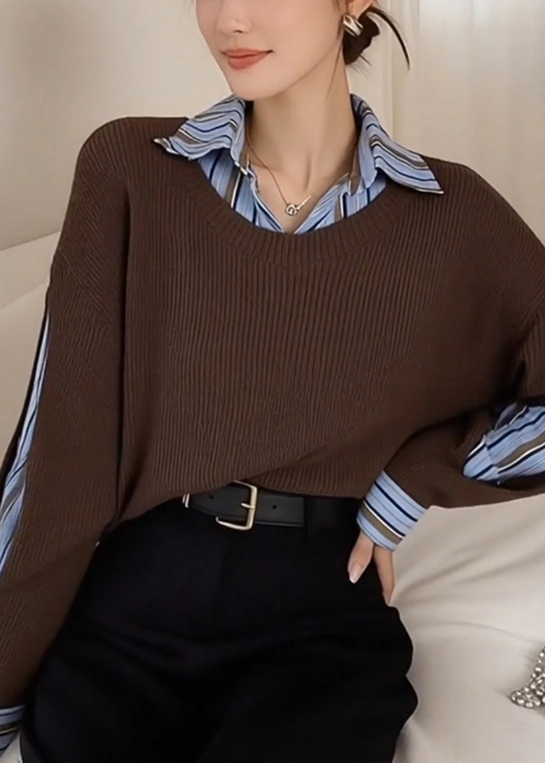 Style Brown Peter Pan Collar Patchwork Knit Fake Two Piece Shirts Winter - Image 4