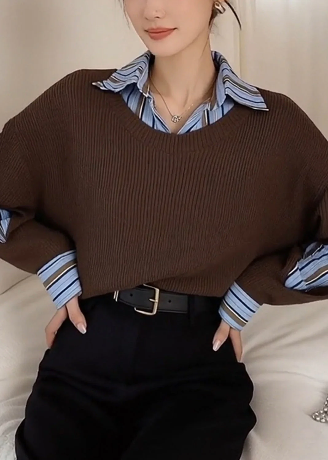 Style Brown Peter Pan Collar Patchwork Knit Fake Two Piece Shirts Winter - Image 5