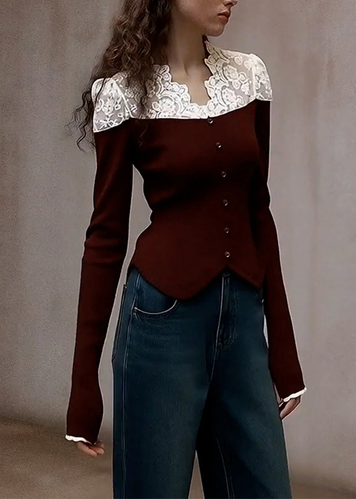 Style Brown V Neck Patchwork Lace Knit Shirts Winter - Image 2