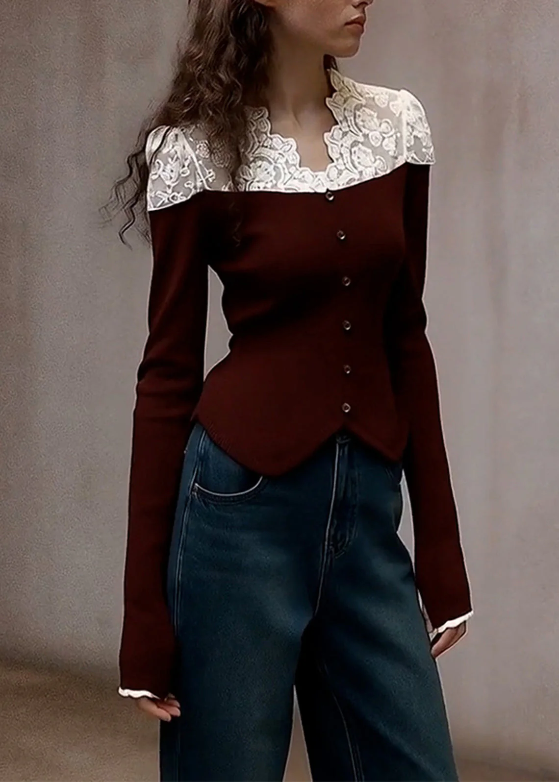 Style Brown V Neck Patchwork Lace Knit Shirts Winter - Image 3