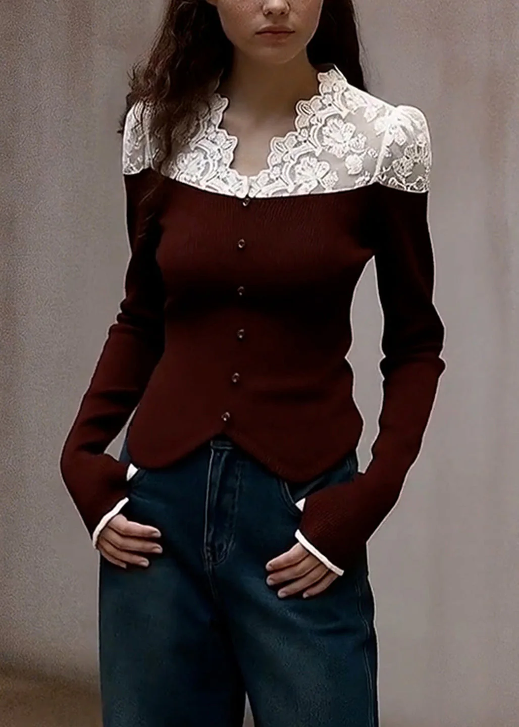 Style Brown V Neck Patchwork Lace Knit Shirts Winter - Image 4
