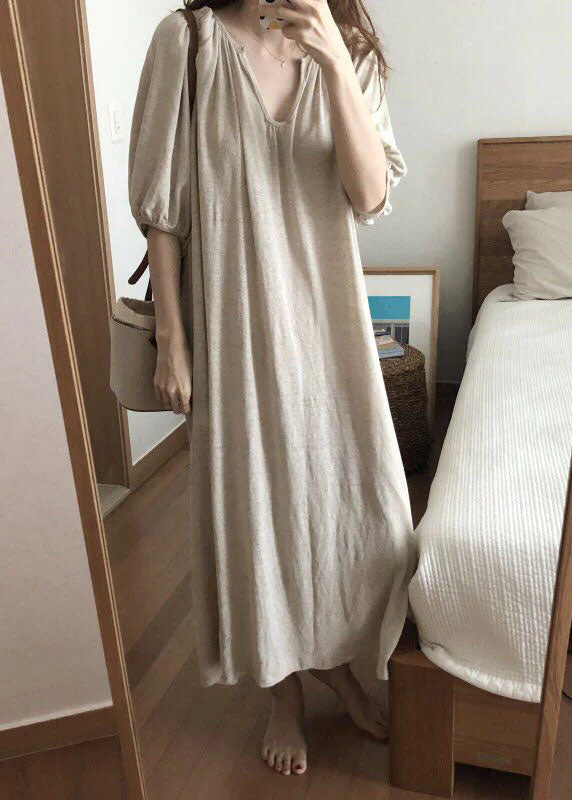 Style Camel V Neck Loose Linen Party Dress Half Sleeve - Image 2