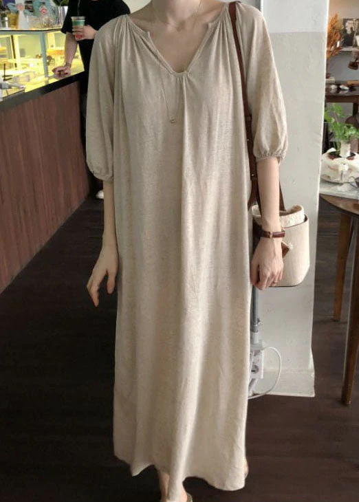 Style Camel V Neck Loose Linen Party Dress Half Sleeve - Image 3