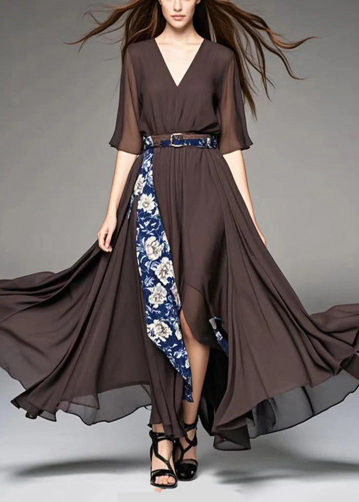 Style Chocolate Asymmetrical Patchwork Print Chiffon Ankle Dress Summer - Image 3